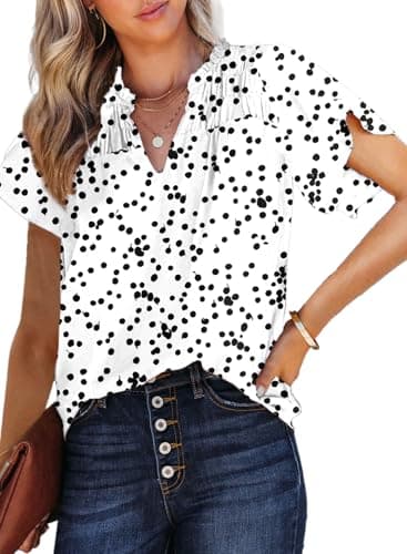 Dokotoo Womens Casual Alicia Flowy Print V Neck Smocked Short Sleeve Chiffon Blouses Tshirts Tops for Women 2026 Summer Trendy Work Business Boho Top Small White - Image 1