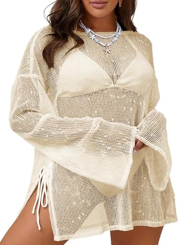 MK Shop Limited Plus Size Swimsuit Coverup for Women Sexy Crochet Bathing Suit Cover Up Mesh Sheer Summer Curvy Kaftan Beach Dress 2026 Beige 4XL
