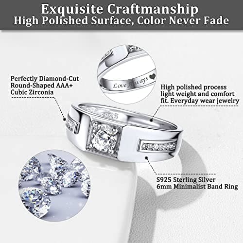 Bestyle Sparkling Cubic Zirconia CZ Couple Rings for Wedding/Engagement/Promise, 6mm Wide Silver Band Rings for Men Women, Fashion Pinky Finger Ring Set, Size 9 - Thumbnail 6