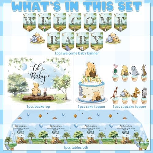 131 Pcs Classic Bear Baby Shower Oh Baby Balloons, Vintage Boy Baby Shower Decorations, Classic the Pooh Backdrop Tablecloth Cake Topper for Newborn Birthday Shower Decorations - Thumbnail 2
