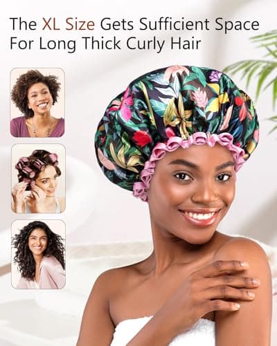 mikimini Large Shower Cap for Women Long Hair, Rainforest Bath Shower Caps with Pink Lace, Reusable Waterproof Shower Hat for Girls - Thumbnail 5