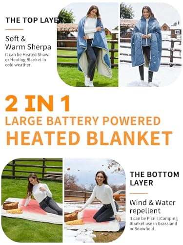 Heated Blanket Battery Operated,12V Heated Shawl Throw Blanket,Cordless heating pad with 15000 battery,Wearable Heated Blanket,Sherpa Lining,3 Heating Set for Car,Camping,Backpacking,Hiking,Travel - Thumbnail 2