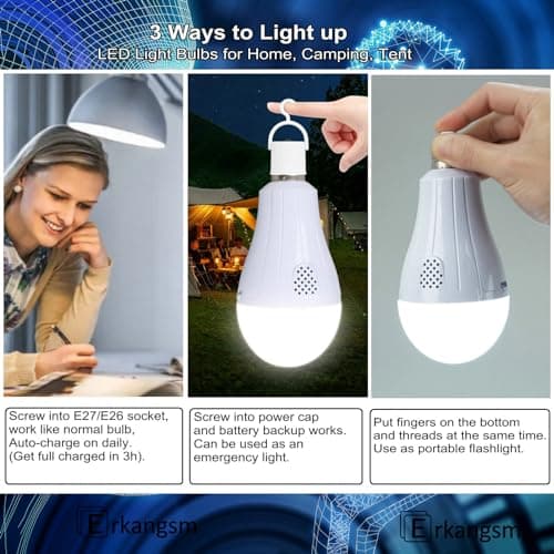 Erkangsm Rechargeable Emergency Smart Light-Bulbs with Remote,Removable Battery Light Bulb,3 Color and Dimmable 1200mAh 12W E27 LED Light Bulbs for Home, Camping, Tent,Pack of 2 - Thumbnail 4