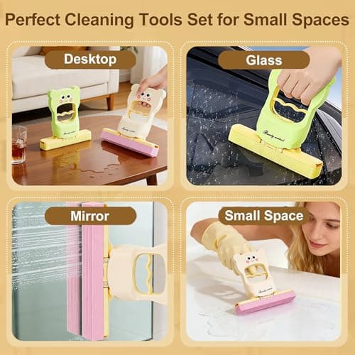 2-Pack Cute & Colorful Mini Foldable Desktop Mop Set for Kids - Fun, Portable Cleaning Tool for Kitchen Counters, Tables & More, Includes 2 Extra Sponge Heads - Thumbnail 3