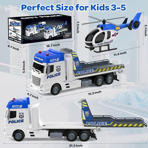 21.2 Inch Semi Police Truck Toy for 3 4 5 Years Old Boys - With Racing Car and Helicopter, Friction Powered Transport Truck Crane Vehicle with Lights and Sounds for Boy Christmas Birthday Gifts - Thumbnail 2