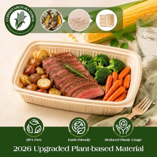 100 Piece (50 Pack) Meal Prep Containers with Lids,32 oz Resuable Cornstarch Material Salad Containers, Plant-based Lunch Boxes, Plastic Take Out Bowls BPA Free, Microwave Freezer Safe, Stackable - Thumbnail 3