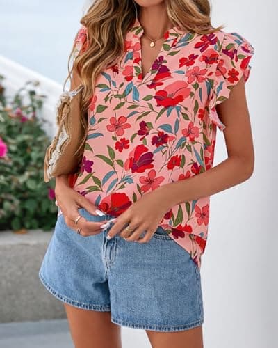 Zenlonr Womens Dressy Casual Tops 2026 Summer Ruffle Cap Sleeve V Neck Shirts Boho Floral Blouses Vacation Outfits(Floral Orange Pink Red,XX-Large) - Thumbnail 6