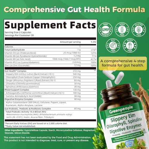 GREENPEOPLE Digestive Enzymes for Women & Men - Gentle Gut Health & Cleanse Capsule with Slippery Elm, Chlorophyll, Spirulina, Probiotics Complex - Complete Sensitive Gut Supplement 60 Count 2 Packs - Thumbnail 2