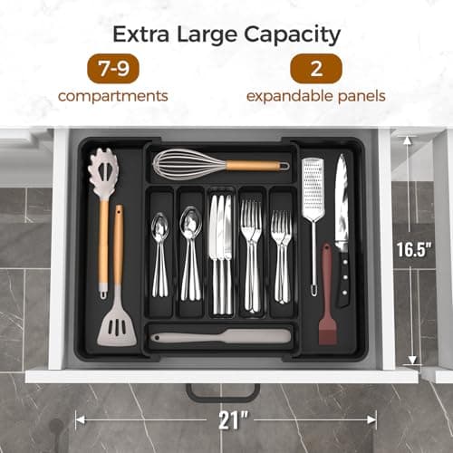 ukeetap Extra Large Expandable Silverware Organizer, BPA-Free Food-Safe Cutlery Flatware Organizer, Kitchen Utensil Drawer Organizer, Adjustable Silverware Holder for Spoons Forks Knives, Black - Thumbnail 2