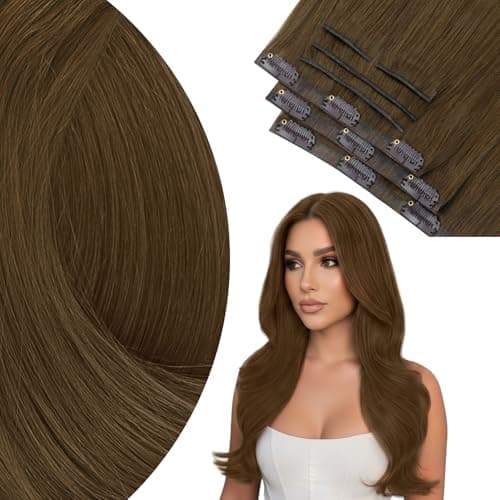 Ve Sunny Brown Hair Extensions Clip ins Human Hair Invisible Seamless Real Hair Extensions Genius Human Hair Clip in Extensions Full Head 20 inch 120g - Image 1