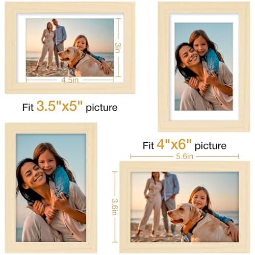 Vittanly 4x6 Picture Frame Set of 4, Display Pictures 3.5x5 with Mat or 4x6 without Mat, Photo Frames for Wall or Tabletop Display, Engineered Wood with Shatter Resistant Plexiglass, Natural Wood - Thumbnail 5
