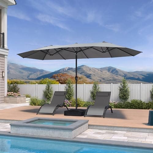 PURPLE LEAF 14ft Patio Market Umbrella with Base Double-Sided Rectangle Outdoor Table Sun Umbrellas with Crank 12 Heavy Duty Sturdy Ribs for Pool Beach Deck Backyard Light Gray - Thumbnail 2
