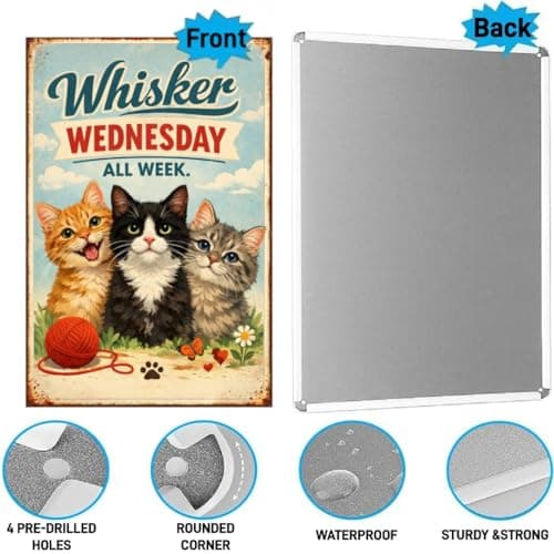 Whisker Wednesday All Week Vintage Tin Sign Funny Cat Wall Decor Retro Kitten Illustration Metal Plaque Cute Animal Art Home Office Wall 8x12 Inch Pre Drilled Holes - Thumbnail 6