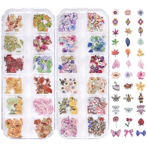 AIPULIDUO 600Pcs 3D Mixed Colorful Flower Nail Art Charms Sequins Decals Colorful Mixed Leaves Daisy Design Slice Nail Flowers Ultra Wood Pulp Flakes Sequins 3