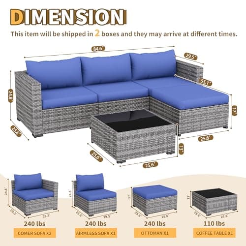 UDPATIO 5 Piece Patio Furniture Set, All-Weather Wicker Outdoor Sectional Sofa, L Shaped Outdoor Conversation Couch with Ottoman, Glass Table for Balcony Porch Backyard, Blue - Thumbnail 2