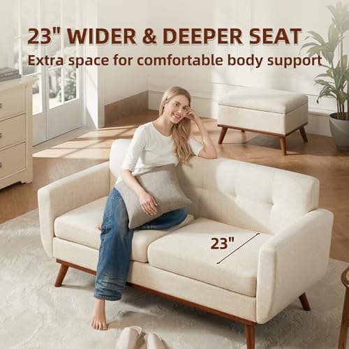 Kingfun 65.2" W Loveseat Sofa, Mid Century Modern Decor Love Seat Couches for Living Room, Button Tufted Upholstered Furniture, Easy to Install Small Couch for Bedroom Office Apartment, Cream White - Thumbnail 3