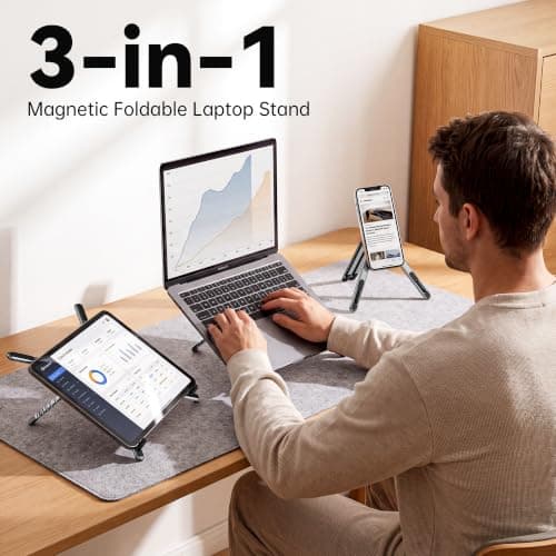 Laptop Stand for Desk, Foldable Aluminum Alloy Magnetic Computer Riser, Ergonomic 8-Level Adjustable Height Travel Laptop Holder,Multi-Functional Stand for 10–16"Laptop,4–13" Tablet and Phone - Thumbnail 5