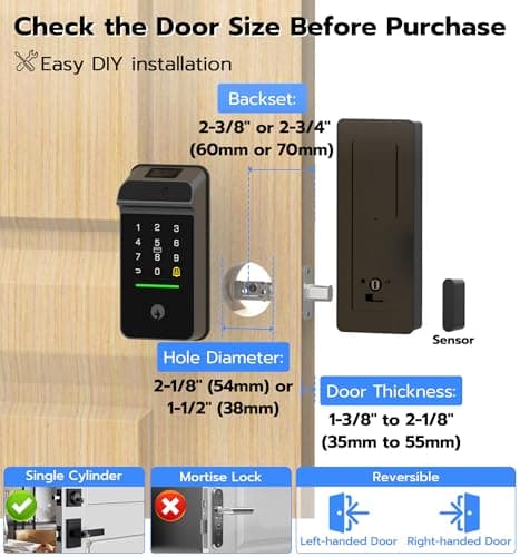 Anweller MD3 Palm Vein Smart Deadbolt Lock, Biometric Keyless Entry Door Lock for Front Door, Built-in WiFi, 10000mAh Battery, Code Keypad, RFID Card, Display Screen, Auto Lock Sensor - Thumbnail 6