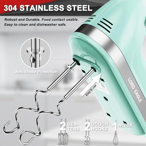 Lord Eagle Hand Mixer Electric Handheld 400W, 5-Speed Lightweight Kitchen Mixer with Storage Case, 5 Stainless Steel Attachments for Baking Cake Egg Cream Food Beater, Turbo+Eject Button, Green - Thumbnail 2