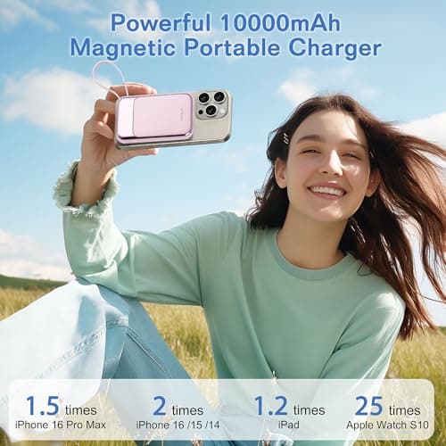 Magnetic Power Bank 10000mAh, Wireless Portable Charger with 15W Max Fast Charging & Built-in USB-C Cable, 22.5W PD LED Display Battery Pack Compatible with iPhone 17/16/15, Samsung Galaxy(pink) - Thumbnail 3