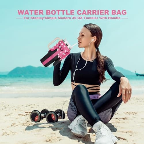 BULKITEM 30oz Water Bottle Carrier Bag with Phone Pocket for Pink Polka Dots Stanley 30 oz Tumbler with Handle, Insulated Neoprene Cup Holder Pouch Strap for Valentines Stanley Cup Accessories - Thumbnail 2