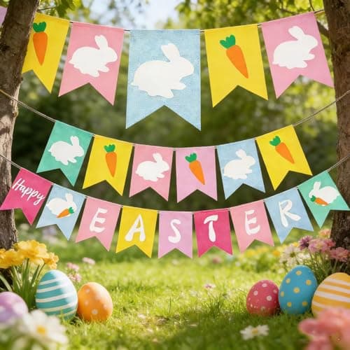 Happy Easter Banner for Fireplace,Bunny Carrot Banner Indoor Outdoor Easter Decorations, Easter Themed Party Supplies for Home, Wall, Office School Classroom Easter Banner Decor - Thumbnail 5