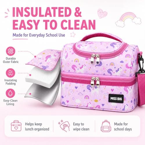 MISS BIG Kids Lunch Bag for Girls, Pink Unicorn Insulated Lunch Bag with Two-Tier Storage, Adjustable Shoulder Strap, Lunch Box Bag for Kids, School, Daycare, Picnic, Travel - Thumbnail 5