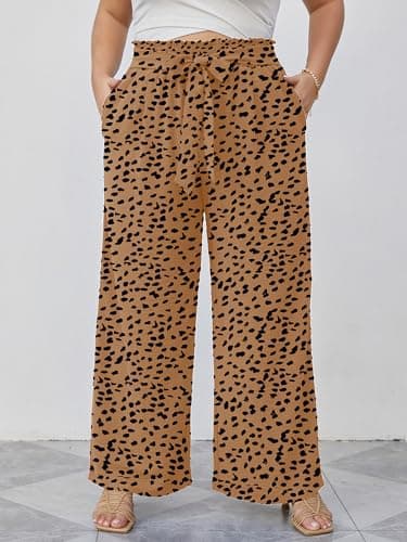 AusLook Plus Size Wide Leg Pants for Women High Waist Elastic Drawstring Palazzo Casual Lounge Beach Travel Vacation Resort Almond Leopard 1X Pants with Pockets Flowy Summer Comfy Outfit - Thumbnail 2