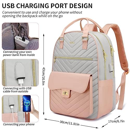 RJEU Bookbag for Girls,College Backpack with Laptop Compartment for School Travel,Student Computer Bag Mochilas Escolares,Pink Gray - Thumbnail 4