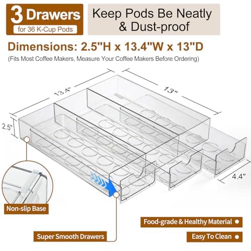 Clear Acrylic Coffee Pod Holder Organizer for K CUP, 36 Pods Storage for Kpods on Counter, Under Coffee Maker Countertop Drawer Organizer for KCUP, for Keurig Pod - Sturdy & Food Grade - Thumbnail 2
