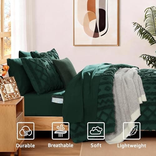 WRENSONGE Queen Size Comforter Set with Sheets - 7 Pieces Emerald Green Tufted Bed in a Bag Queen Shabby Chic Bedding Sets with 1 Comforter, 2 Sheets, 2 Pillowcases & 2 Shams - Thumbnail 4