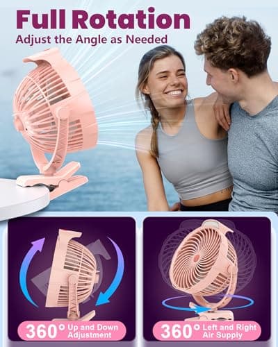 Tenvolti 10000mAh Clip on Fan, 8-Inch Golf Cart Fan Rechargeable with LED Light, 9 Speeds Strong Airflow, Ultra Quiet, 30Hrs Runtime, 360° Rotation, Cooling for Bed Camping Office Desk Dorm, Pink - Thumbnail 6