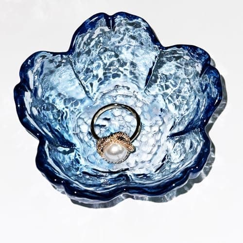 Floral Glass Ring Dish Holder for Jewelry Decorative Trinket Tray for Rings, Earrings, Cute Vanity Organiser Room Decor Aesthetic Decor Trinket Dish Valentine's Birthday Gifts for Women Blue Crystal - Image 1