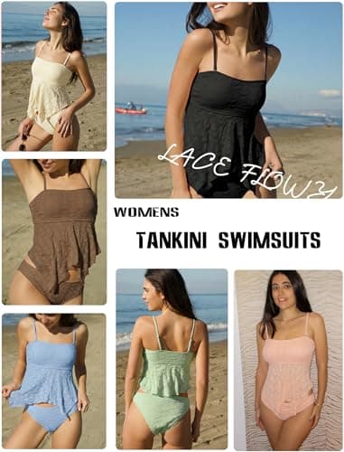 ZAFUL Womens Tankini Swimsuits Lace Jacquard Flowy Swimwear Square Neck Spaghetti Sting Bikini Mid Waisted Briefs (Cream S) - Thumbnail 5