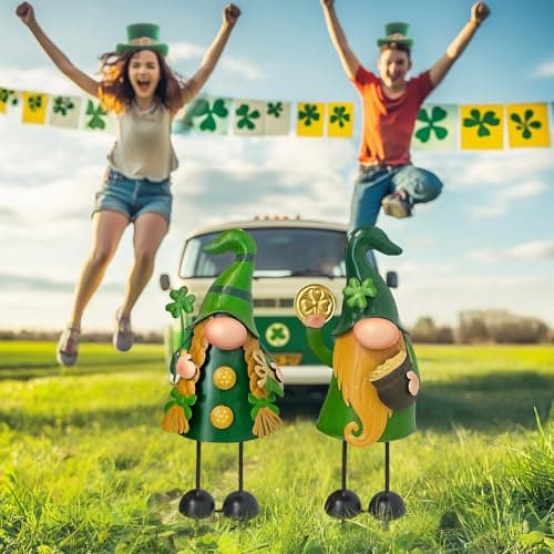 HONGLAND 18 Inch Spring Gnomes Outdoor Decor, 2Pcs Metal Gnomes Garden Stakes, Gnome Gifts for Women Outside Decorations for Yard Home Garden Lawn Patio - Thumbnail 4
