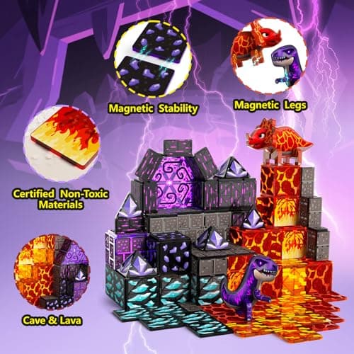 GobiDex Dinosaur Toys Magnetic Tiles Lava Cave Dinosaur World Set - Magnetic Building Blocks for Kids 3-5 5-7 Girls Boys Toys Age 4-6 6-8, STEM Sensory Toddler Birthday Gifts for 3+ Year Old Kids Toy - Thumbnail 6