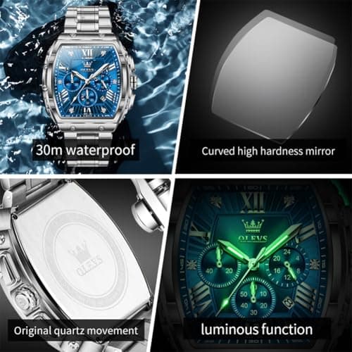 OLEVS Watches Men Blue Face Rectangle Tonneau Fashion Fancy Silver Stainless Steel Dress Wrist Watches Waterproof Chronograph Luminous Battery Luxury Big Dial Watches for Men Relojes para Hombres - Thumbnail 5