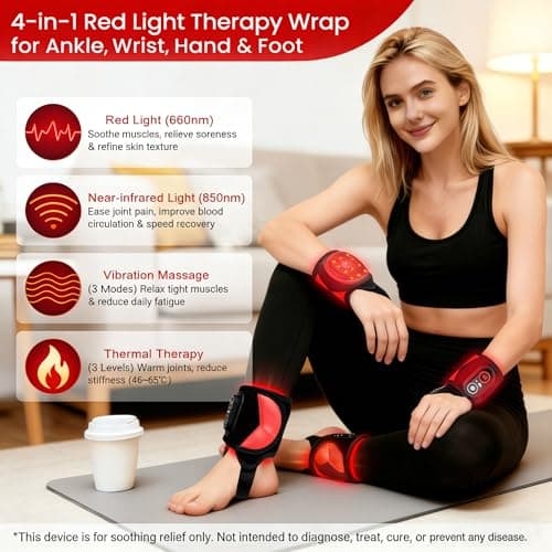 Cordless Red Light Therapy for Ankle Massager Heating Pad, 660nm Red & 850nm Near Infrared Light Therapy Wrap with Vibration & Heat, 3000mAh Rechargeable for Ankle Wrist Foot Arch Comfort (Black) - Thumbnail 2