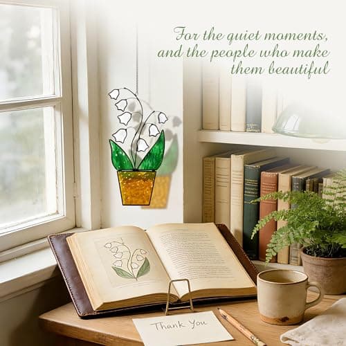 Lily of The Valley Stained Glass Suncatcher - Classic Tiffany Style, 8 Inch Real Handmade Glass with Copper Foil, Natural Black Edged Window Hanging, Gift for Plant Lovers, Mom, Grandma - Thumbnail 4
