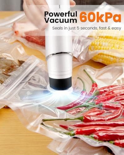 Portable Vacuum Sealer for Food, 20 Reusable Sealer Bags with 60kPa Powerful Handheld Vacuum Sealer Machine, Seal Meal Saver, Cordless Compact Food Sealer for Freezer, Microwave - Thumbnail 3