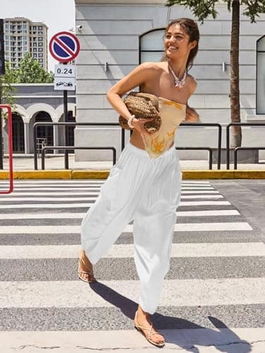 COCOMARTS Womens Linen Wide Leg Palazzo Pants Casual Loose Elastic Drawstring Flowy Pant 2025 Fall Travel Baggy Harem Pants with Pocket White X-Large - Thumbnail 2