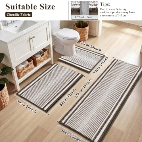 HEBE Chenille Bathroom Rugs Sets 5 Piece,Super Absorbent Non Slip Bath Mats for Bathroom,Washable Bath Mat and U-Shaped Contour Toilet Rug Set for Tub Shower Floor Carpet - Thumbnail 2