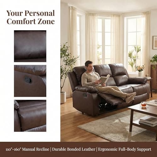 FUOROLA 3 Seater Manual Recliner Sofa, Brown, Bonded Leather, High-Density Foam, Solid Wood Frame, Reclining Couch for Living Room, Home Theater (Brown) - Thumbnail 4