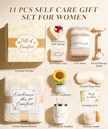 Protado Get Well Soon Gift Basket for Women, Self Care Basket with Cozy Blanket, Candle & Tumbler, Sunflower Care Package, Thinking of You Box for Mom, Sister, Friend, Wife - Thumbnail 2