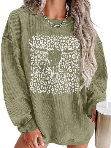 UNIQUEONE Boho Cow Skull Sweatshirt Women: Oversized Vintage Western Rodeo Graphic Tee Country Concert Outfits Pullover Tops Green - Image 1