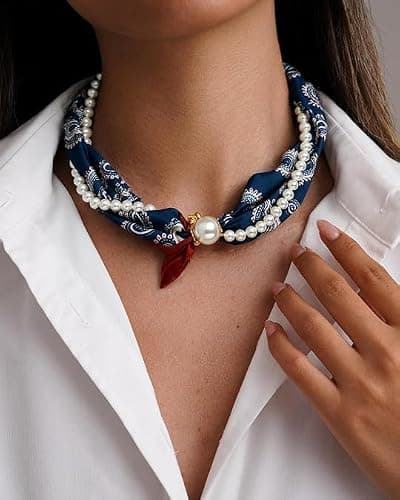 Layered Silk Scarf Choker Necklace for Women Fashion Boho Paisley Pearl Bandana Necklaces with Charms Formal Costume Prom Jewelry Gift - Thumbnail 2