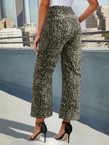 Genleck Women's Wide Leg Jeans – Trendy Cropped Loose Jeans High Waisted Stretchy Capri Denim Pants Baggy Trousers 2025 (Leopard Print, 8) - Thumbnail 4