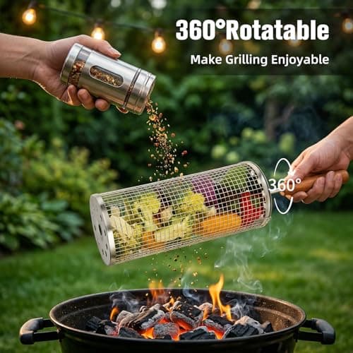 Rolling Grill Baskets (2PCS), Stainless Steel Grill Basket,Dishwasher Safe BBQ Grill Accessories Portable Grill Baskets for Outdoor Grill for Fish, Shrimp,Meat,Vegetables,Fries Outdoor Cooking Camping - Thumbnail 4