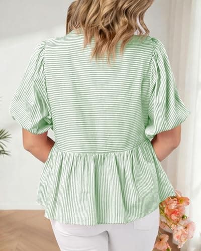 dowerme Womens Summer Tops 2026 Fashion Lantern Short Sleeve V Neck Button Peplum Shirts Spring Stripes Babydoll Blouses(Green,Small) - Thumbnail 5