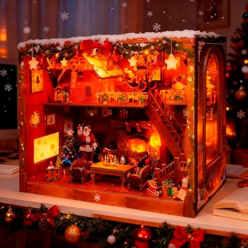 Joibabe DIY Miniature House, LED Lighting Book Nook Kit Dollhouse Kit,Music Box Dollhouse, 3D Wooden Puzzle with Dust Cover,Gifts for Family, Friends,Christmas(Christmas Carnival) - Thumbnail 3